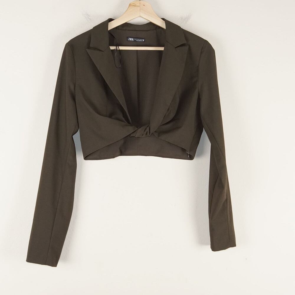 Zara Brown Twist Front Long Sleeve Collared Crop Top Womens Sz L